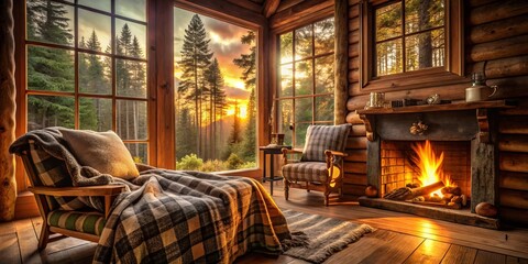 Warm golden light spills through the window, casting a cozy glow on rustic wooden furniture and plush blankets, surrounded by towering trees' tranquil serenity.