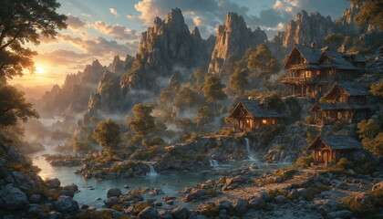Charming wooden lodge nestled in picturesque mountain valley. Setting sun casts warm glow over scene, illuminating lodges windows and rushing river below