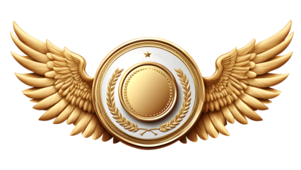 a golden emblem with wings, featuring a circular shield surrounded by a laurel wreath. The emblem has a regal and majestic appearance, suggesting prestige, achievement, or victory.