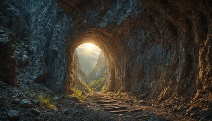 Obraz premium Tunnel entrance in a rocky cave, with sunlight shining through. Rough cave walls and vegetation along the path to the tunnel