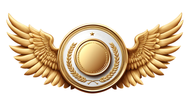 a golden emblem with wings, featuring a circular shield surrounded by a laurel wreath. The emblem has a regal and majestic appearance, suggesting prestige, achievement, or victory.