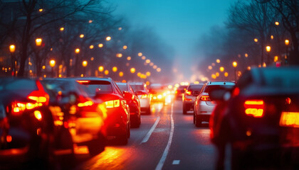 Fototapeta premium A vibrant cityscape at night where a long line of cars is caught in a traffic jam 