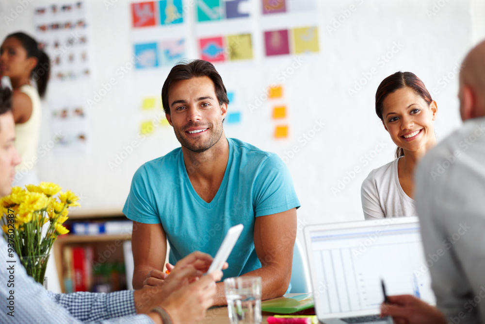 Poster man, portrait and smile in meeting at startup with group, pride and tech at graphic design agency. p