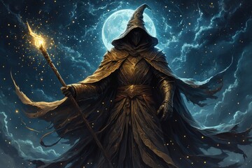 A mysterious figure clad in dark robes stands before a full moon, holding a torch that illuminates the night sky