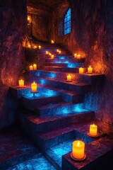 A set of stone steps leading up to a window in an ancient cave illuminated by candles, creating a mystical and atmospheric setting