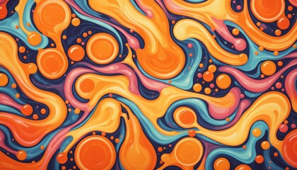 A vibrant abstract pattern of swirling orange, pink, and blue liquid shapes with scattered circles and dots on a dark blue background