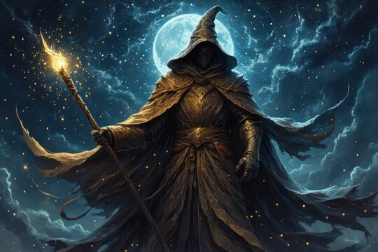 A mysterious figure clad in dark robes stands before a full moon, holding a torch that illuminates the night sky