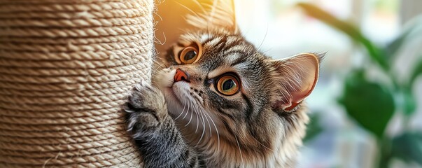 Cat being trained to use a scratching post instead of furniture, feline behavior, positive reinforcement
