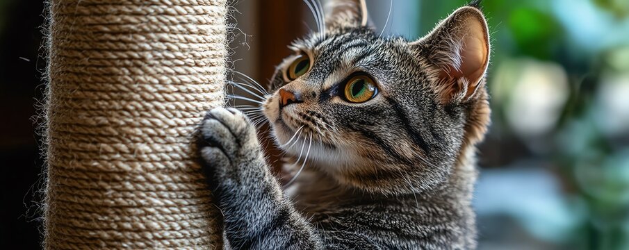 Cat being trained to use a scratching post instead of furniture, feline behavior, positive reinforcement