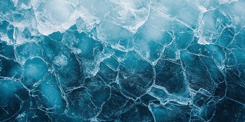 Fototapeta premium Abstract natural ice texture. Freezy ice surface. Blue backdrop with cracks and scratches on frozen water. Banner. Generative ai