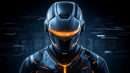 A futuristic gaming mascot portrayed in a minimalistic art style, with glowing digital textures and a sleek, high-tech environment, copy space for text,