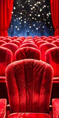 Fototapeta premium Red Velvet Seats in a Theater with Curtain and Stage Lights
