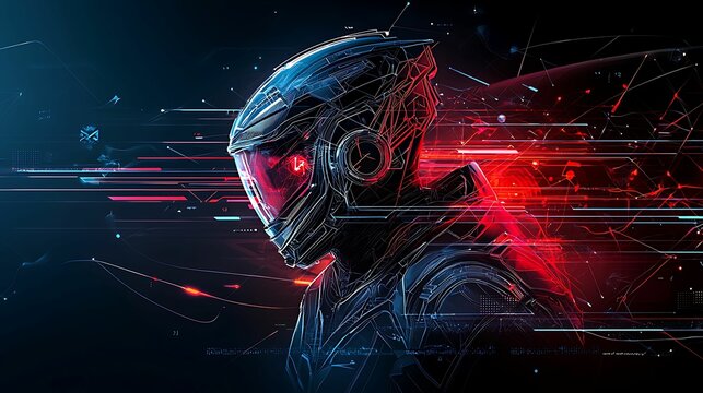 A digital composition featuring a futuristic gaming mascot in a minimalist style, surrounded by abstract shapes and glowing lines, copy space for text,