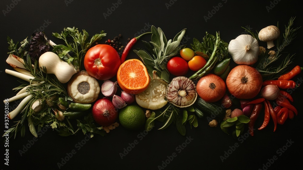 Wall mural assorted vegetables and herbs on a black background