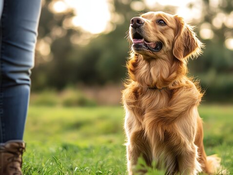 Dog learning commands from a trainer in a grassy park, dog training, positive reinforcement