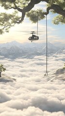 Helicopter Hanging From Tree Branch Above Clouds