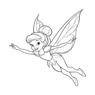 Tinker Bell Outline Design, Tinkerbell Clipart, Tinker Bell Flying Illustration in black and white