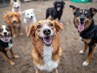 Group of dogs playing together in a socialization class, canine behavior, group training