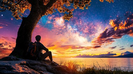 Obraz premium Man contemplating the Milky Way over a lake at sunset, capturing the awe-inspiring beauty of the cosmos reflected in nature.