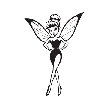 Tinker Bell Outline Design, Tinkerbell Clipart, Tinker Bell Standing Illustration in black and white