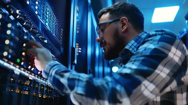It specialist wearing safety glasses is configuring network equipment in a modern data center, ensuring optimal performance and uptime