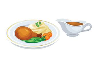 Chicken leg with mashed potatoes and gravy vector illustration. Chicken leg with mashed potatoes and vegetables on a plate icon set isolated on a white background. Gravy sauce boat drawing
