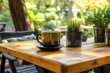 Coffee Cup on Wooden Table with Plants in Pots