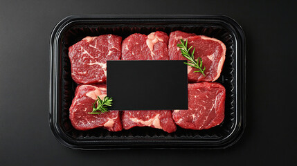 Plastic packaging of beef with a blank black space for product labelling, advertisement.