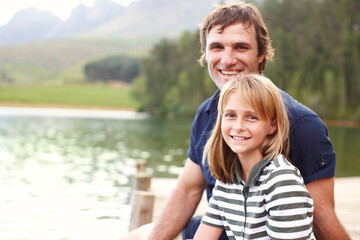 Fototapeta premium Portrait, family and daughter with dad, lake and holiday for parent, happy and child in vacation for fun. Water, father and girl in summer, bonding and travel to river for peace, man and smile