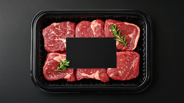Plastic packaging of beef with a blank black space for product labelling, advertisement.