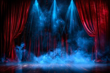 Red Curtains On Stage With Spotlight And Smoke