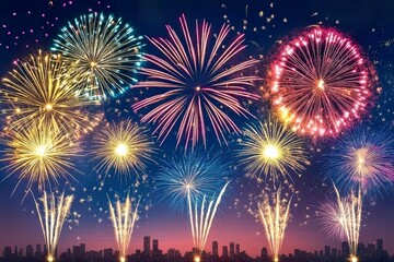 Colorful fireworks illuminate the night sky over a city skyline.