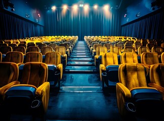 Naklejka premium Empty Movie Theater Seats with Blue Curtains