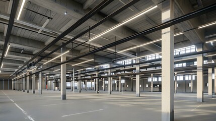 Empty Industrial Building With Concrete Pillars And Fluorescent Lights