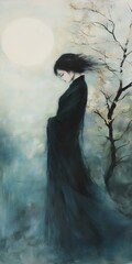 Fototapeta premium Woman in Black Robe Under Full Moon and Tree
