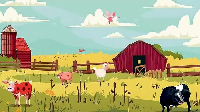 a barn ,  a cow , a sheep, and  a rooster  in a field