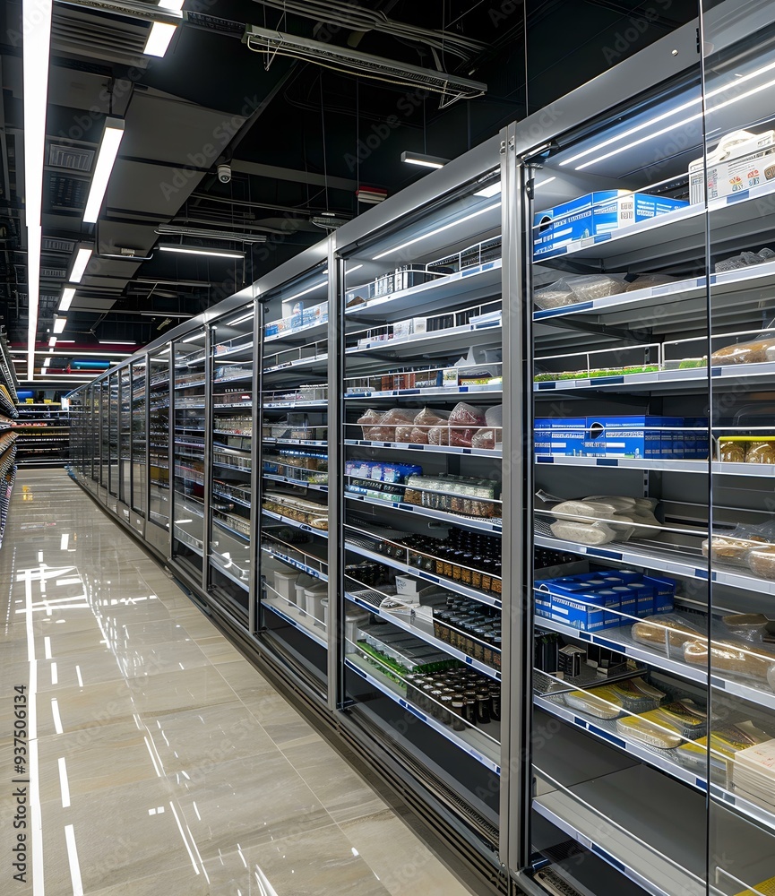 Poster Grocery Store Aisle with Refrigerated Shelving Units