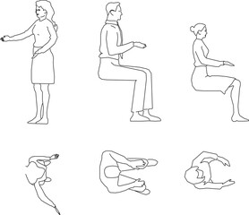 Vector sketch illustration of a silhouette design of a collection of human activities seen from the front and above