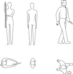 Vector sketch illustration of a silhouette design of a collection of human activities seen from the front and above