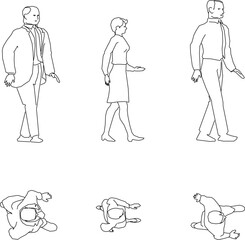 Vector sketch illustration of a silhouette design of a collection of human activities seen from the front and above