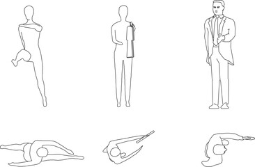 Vector sketch illustration of a silhouette design of a collection of human activities seen from the front and above