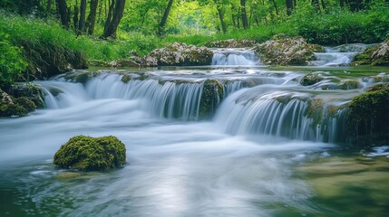 Obraz premium Serene Waterfall in Lush Green Forest