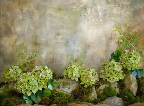 Green Hydrangea Flowers  With Rocks And Moss On A Vintage Background