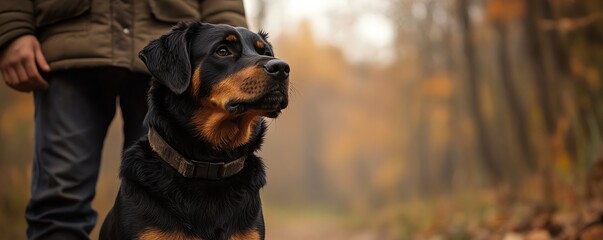 Purebred dog and owner standing side by side, the dog ready to defend its loved one, defensive loyalty, close protector