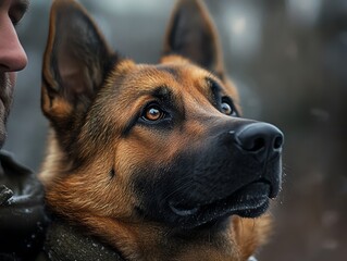 Purebred dog standing closely by its owner s side, ready to defend at a moment s notice, loyal defender, protective proximity