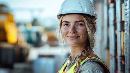 Smiling young woman construction worker with blonde hair in a hard hat and safety vest, standing confidently at a construction site. Empowerment, industry.