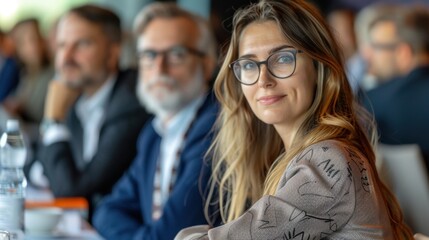 Obraz premium International Forum: In a sophisticated pantsuit, a female executive sits among global leaders at a roundtable, deeply engaged in discussions about international trade and economic growth. 