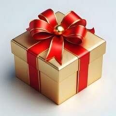 Gold Gift Box with Red Ribbon - Isolated on White Background