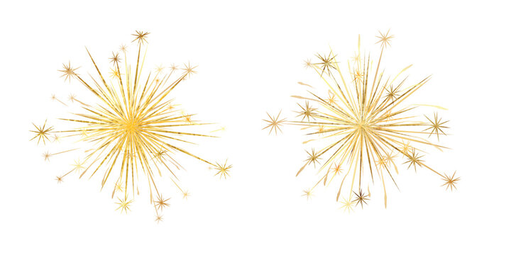 Set of new year firework vector illustration. Collection of golden fireworks, star, gold foil on dark background. Art design suitable for decoration, print, poster, banner, wallpaper, card, cover.