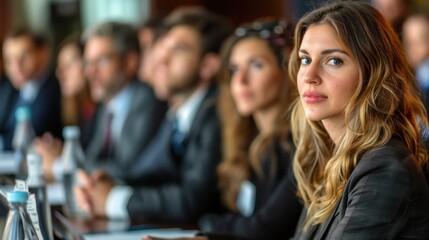Fototapeta premium Executive Focus: Female executive in a stylish pantsuit sits at a summit roundtable, focused on discussions about international trade and economic growth with other global leaders. 